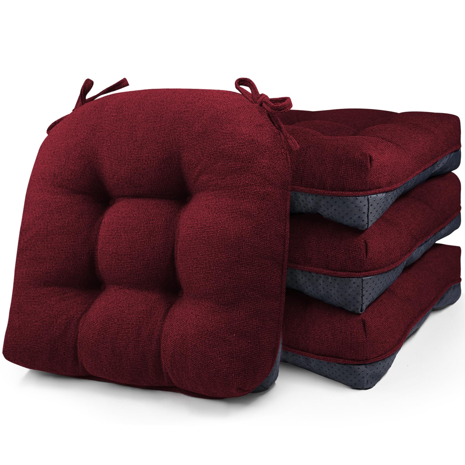 widesmile Chair Cushions for Dinning Chairs, Set of 4 Memory Foam Kitchen Chair Cushion with Ties and Non Slip Backing, Tufted Chair Cushions for Dining Room, 40cm x 40cm x 10cm, Red