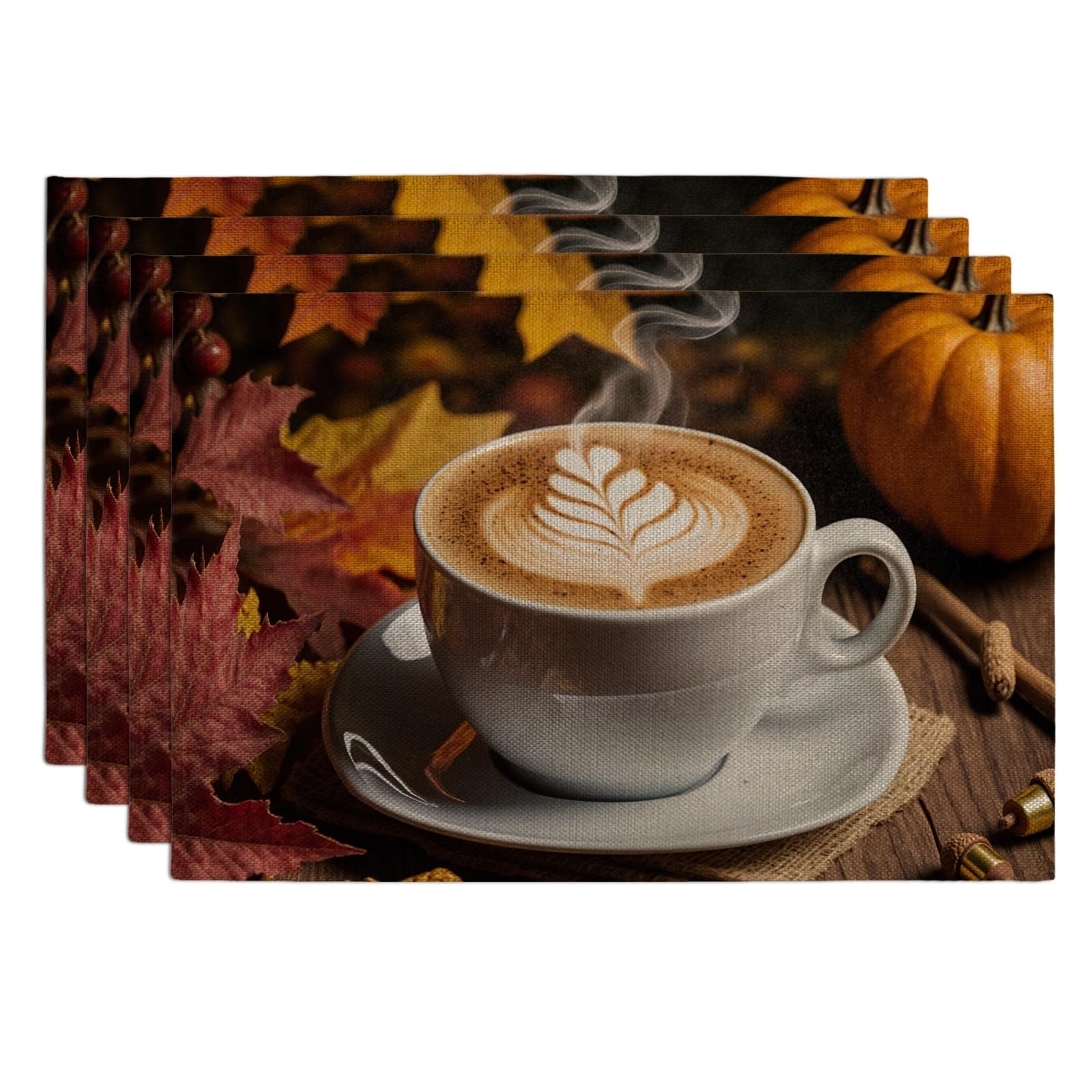 Autumn Leaves Placemats, Rustic Coffee and Pumpkin Table Mats for Dining, Fall Harvest Non-Slip Washable Indoor Outdoor Kitchen Party Decorative Placemat Set of 4
