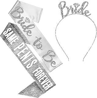 Bachelorette Party Set - Bride Headband, Bride to Be Satin Sash & Sparkle Sash - Bridal Shower Outfit - Set3(DiBdHB B2B SPF) SLV/Wht