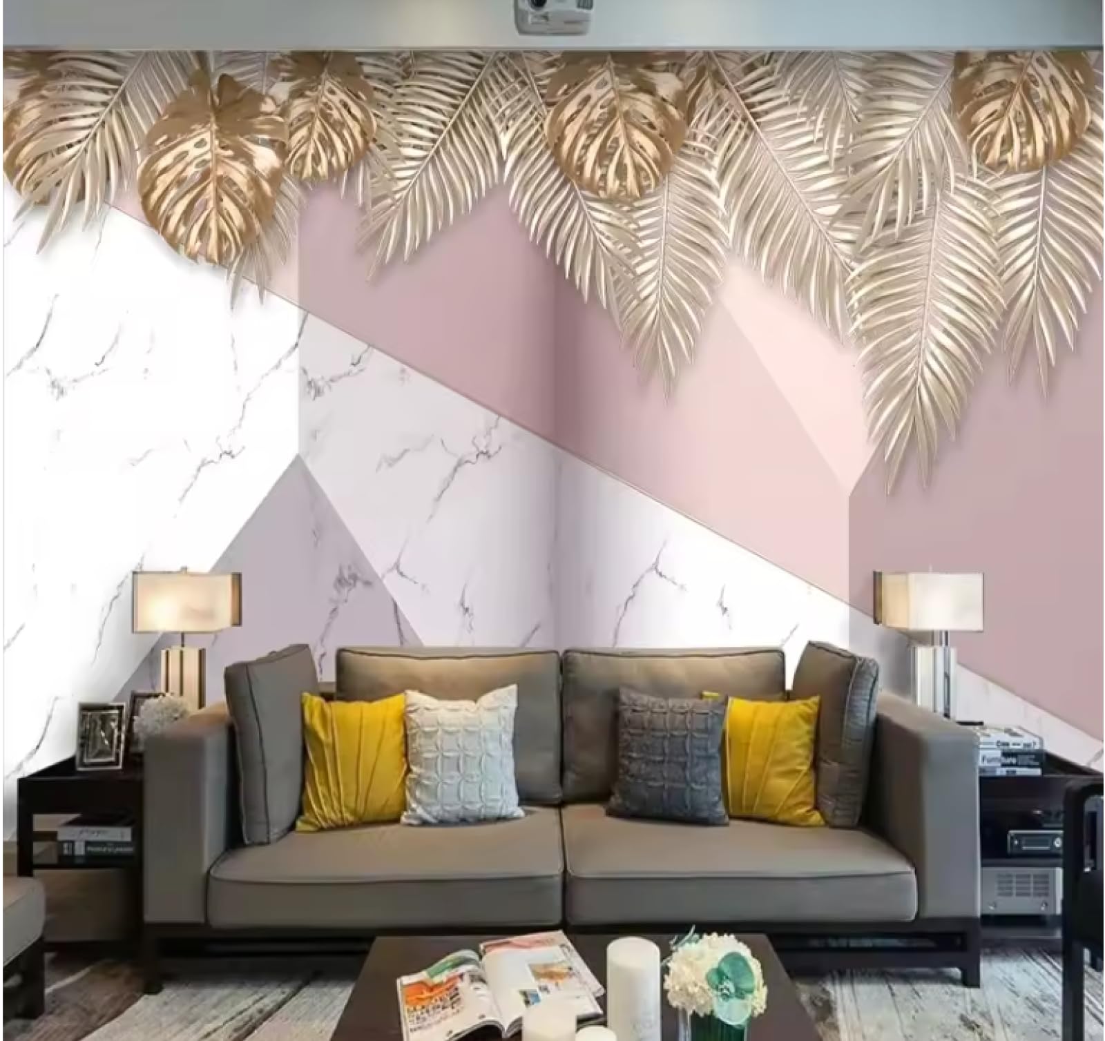 Papier peint 3D feuilles de marbre pour masquer les murs ternes du salon