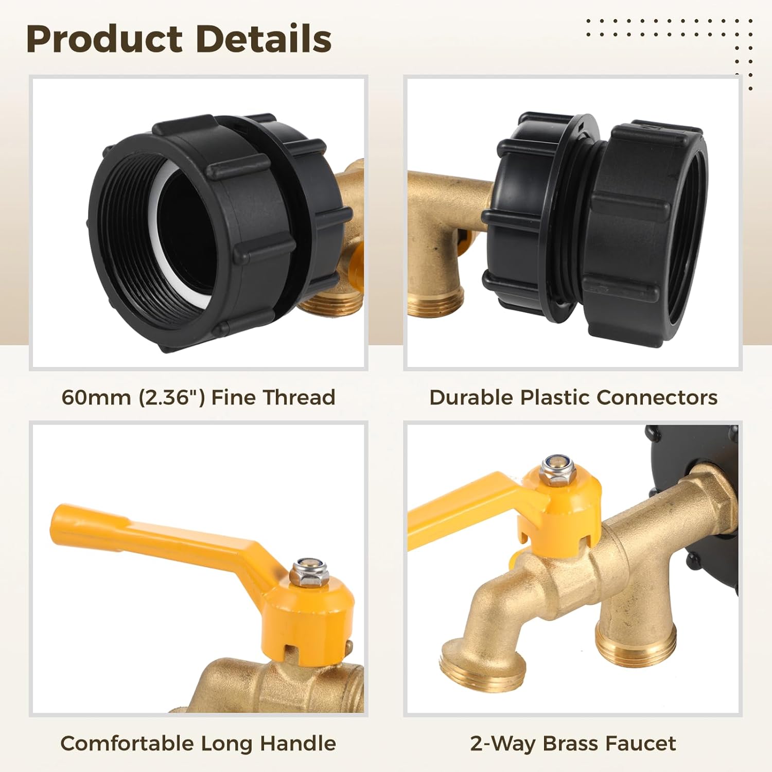 [275-330 Gallon] 2 in 1 Double Faucet IBC Tote Tank Faucet Adapter with G1/2 Thread, IBC Water Tank Fittings, 2.36" Thread Connectors with 2 Faucets for Garden Hose