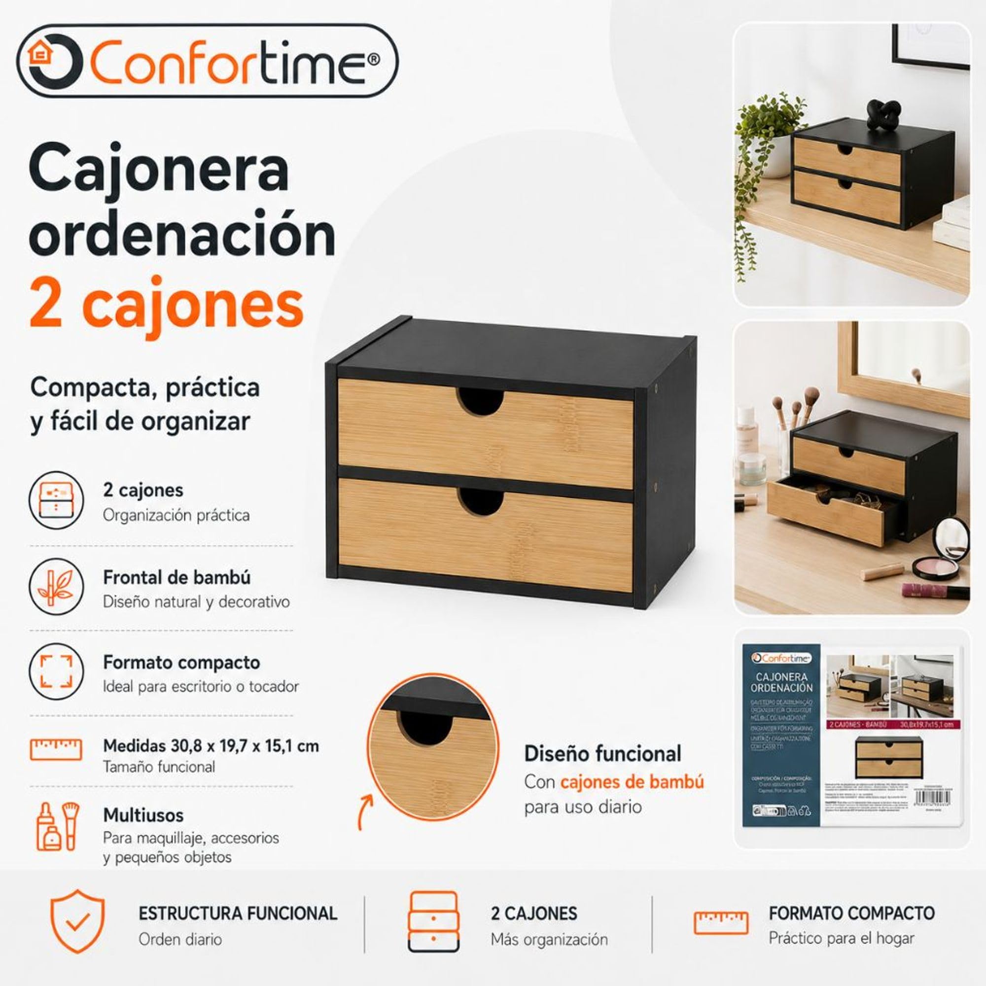 CONFORTIME | Cajonera de Escritorio 2 Cajones de Bambú Negra 30,8x19,7x15,1 cm, Organizador de Cajones y Maquillaje para Oficina, Cajonera de Baño Estrecha, Mueble Auxiliar de Almacenaje