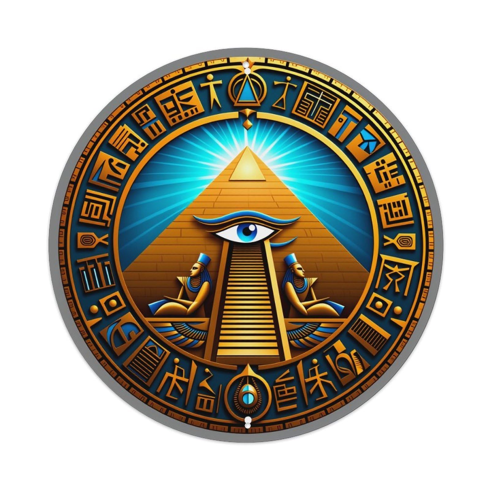 Wmlzdnwr Vintage Egyptian Pyramid Eye Hieroglyphs Sunlight Symbols Gold Blue Round Tin Sign,Retro Wall Art,Metal Poster For Home, Bar, Garage, Cafe, Rustic Indoor & Outdoor Decor, 8X8 Inches