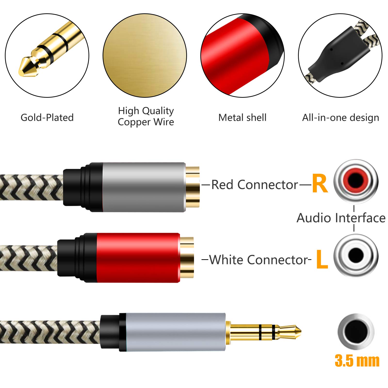 Cavo Audio A Y 3,5mm A 2 RCA, Adattatore Da Jack Mono A 2 Prese Fono, Connettori Dorati, Lunghezza 0,3 M, Per Subwoofer, TV E Impianti HiFi