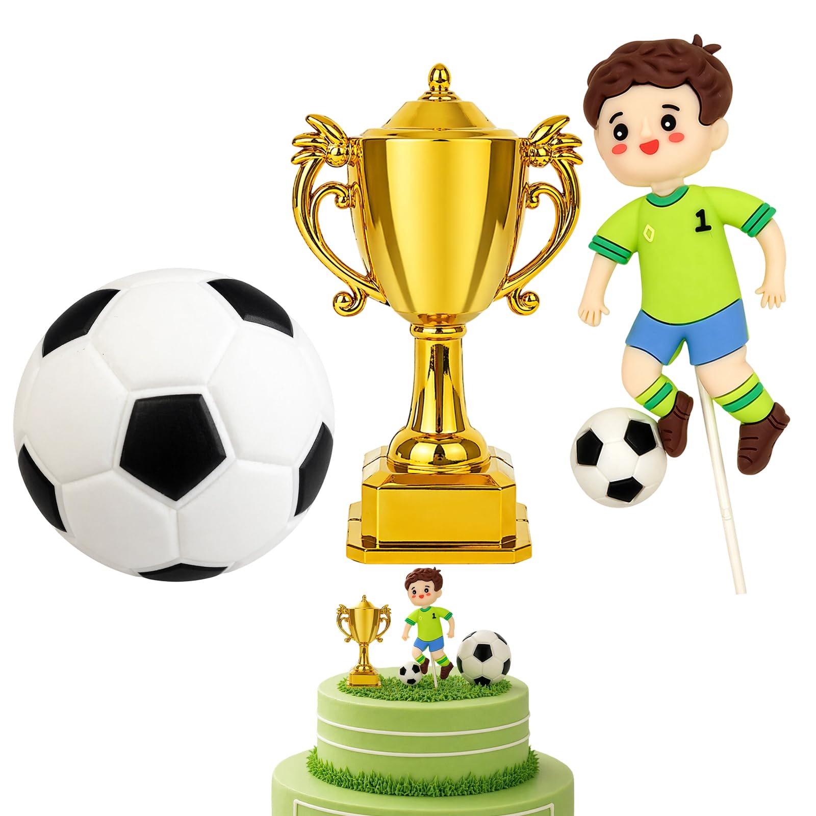 3PCS Football Cake Topper Set, Mini Football Trophy Decorations Set, Gold Trophy Cake Topper, Football Boy With A Sign, Football Cake Decorations for Boys, World Cup Themed Cake Supplies
