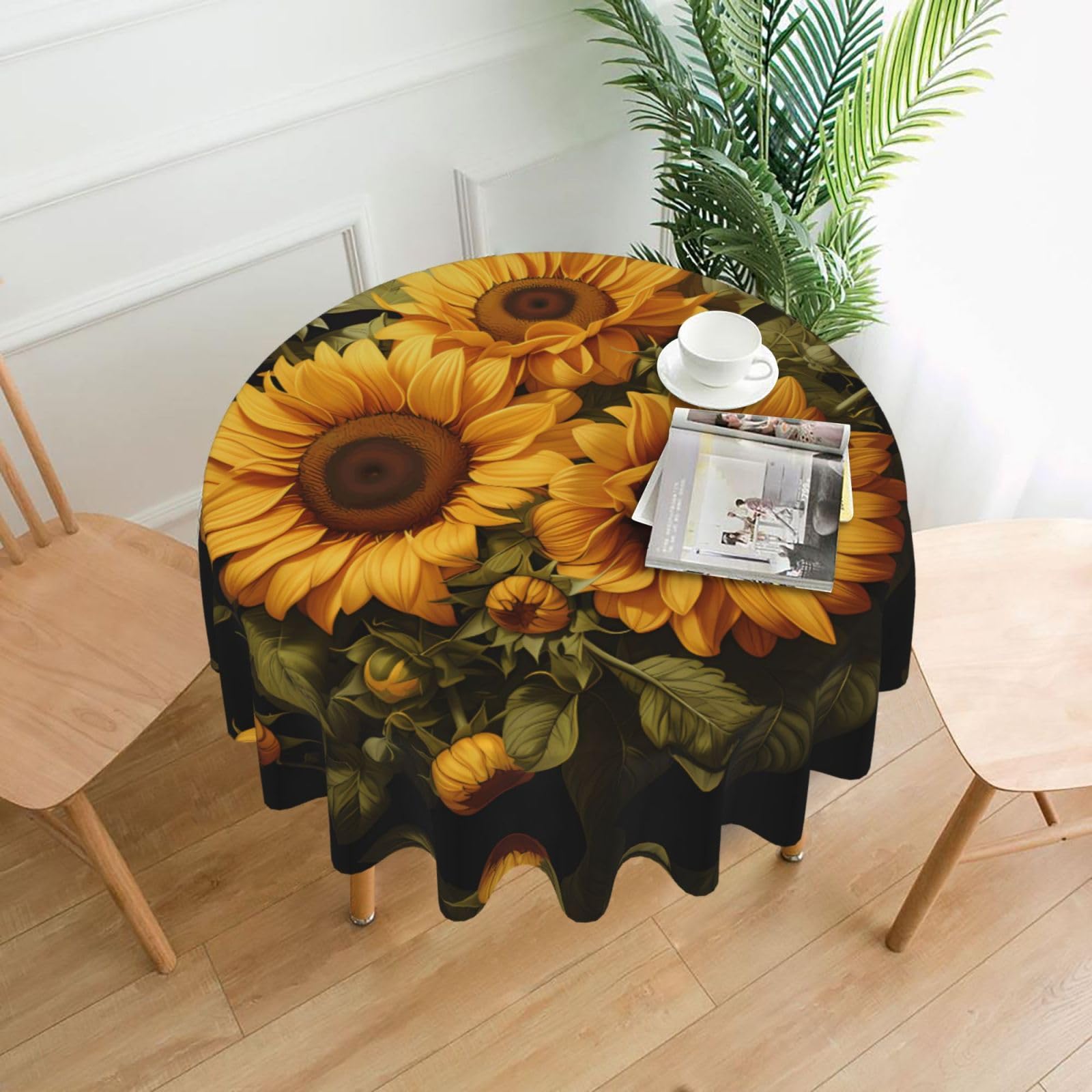 HLSBSSL with the yellow sunflower Printed round decorative tablecloth, 60 inches, suitable for various tables in the living room, dining room, coffee table, etc.
