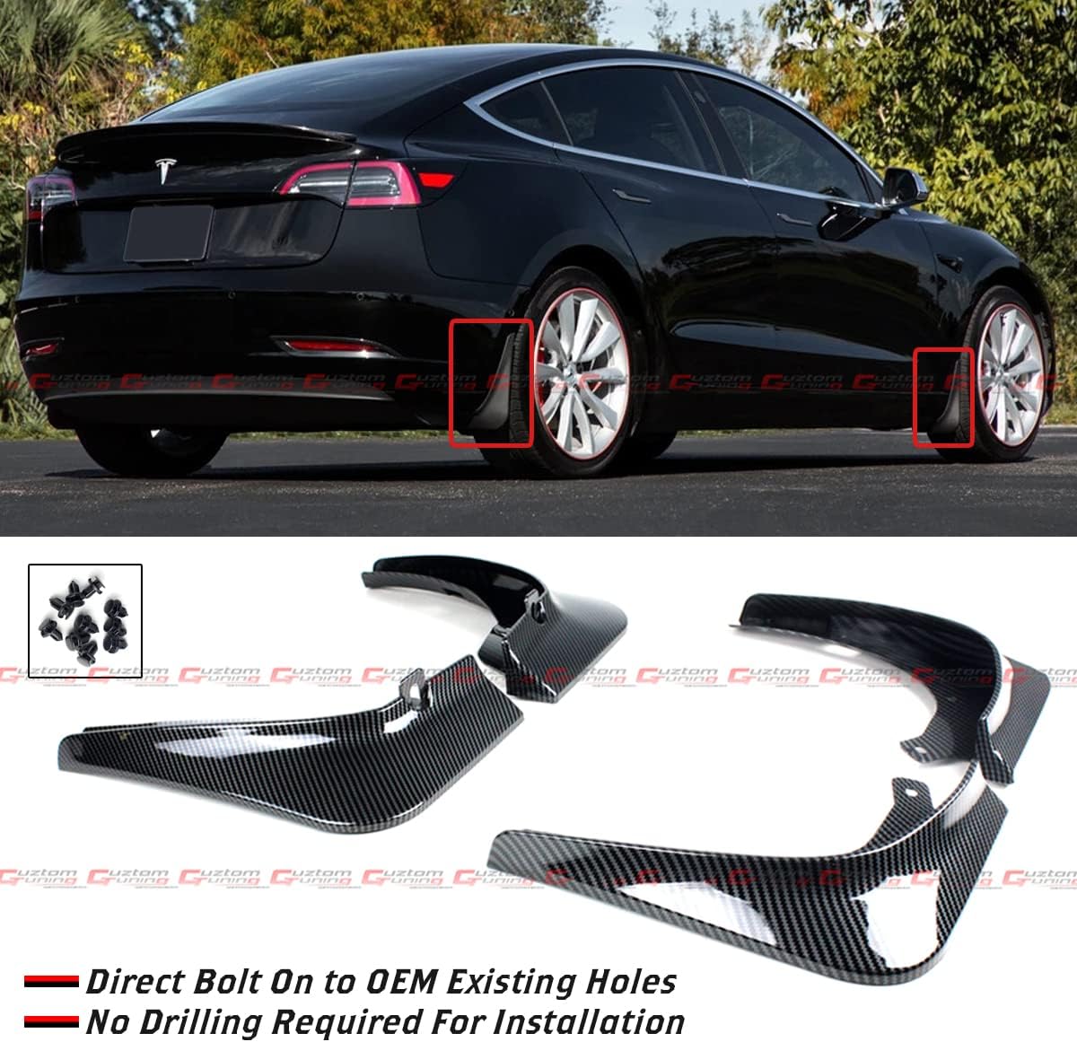 No Drilling Design Gloss Carbon Fiber Look Mud Flaps Guards Splash Flares 4 Piece Front & Rear Compatible for 2017-2023 Tesla Model 3 All Models