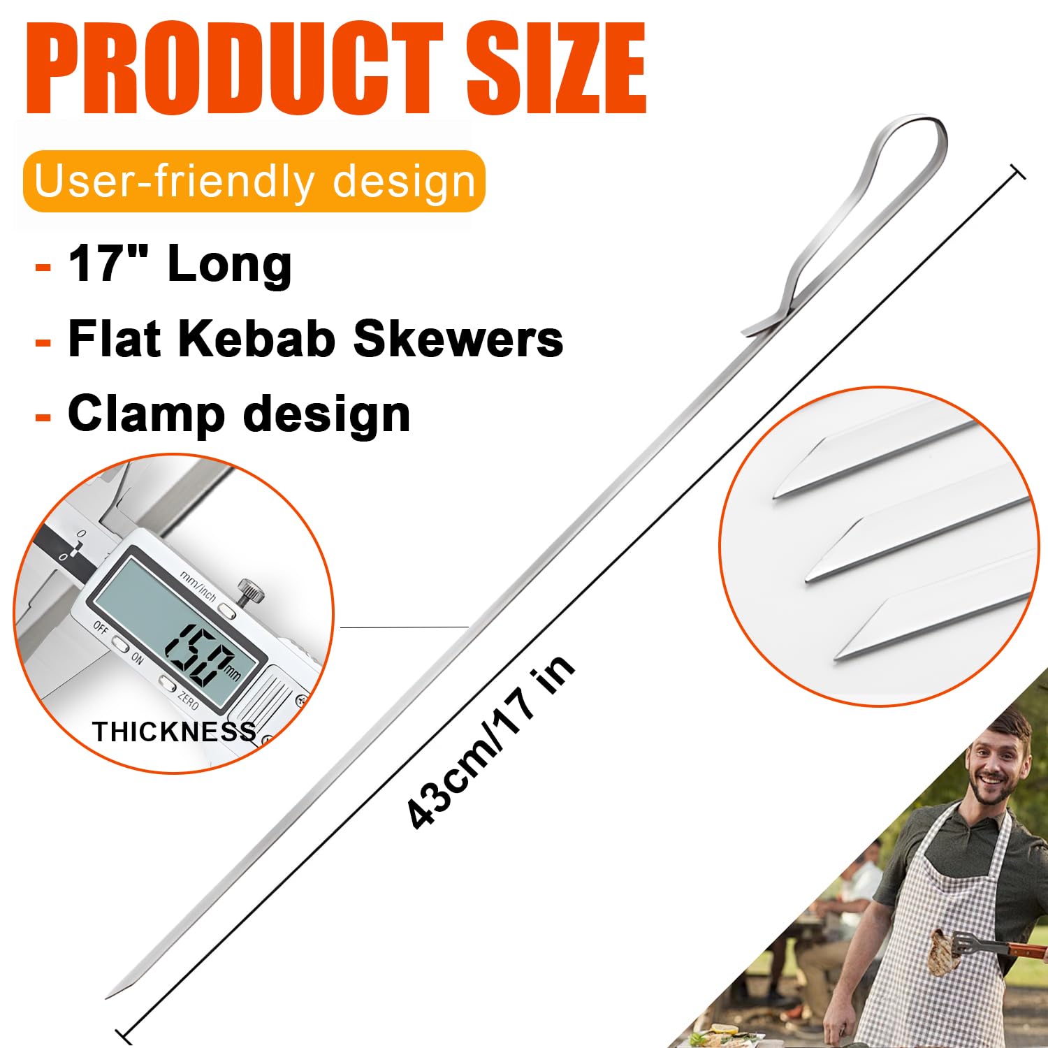 SHIKORI Brochetas de acero inoxidable de 17 pulgadas para parrilla, pinchos de brocheta, pinchos planos para barbacoa, juego de pinchos para parrilla, reutilizables, 10 piezas