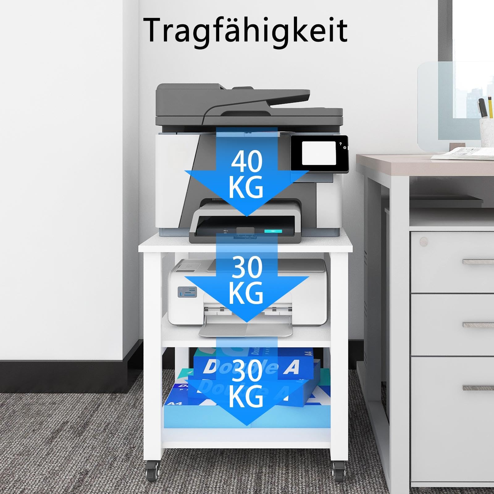 PUNCIA 3-Ebene Druckertisch mit Universalrollen mobiler Druckerständer aus Holz & Metall Druckerwagen Stauregal 50x50x50cm bis zu 70 kg belastbar weiß für Büro Zuhause Office Schule