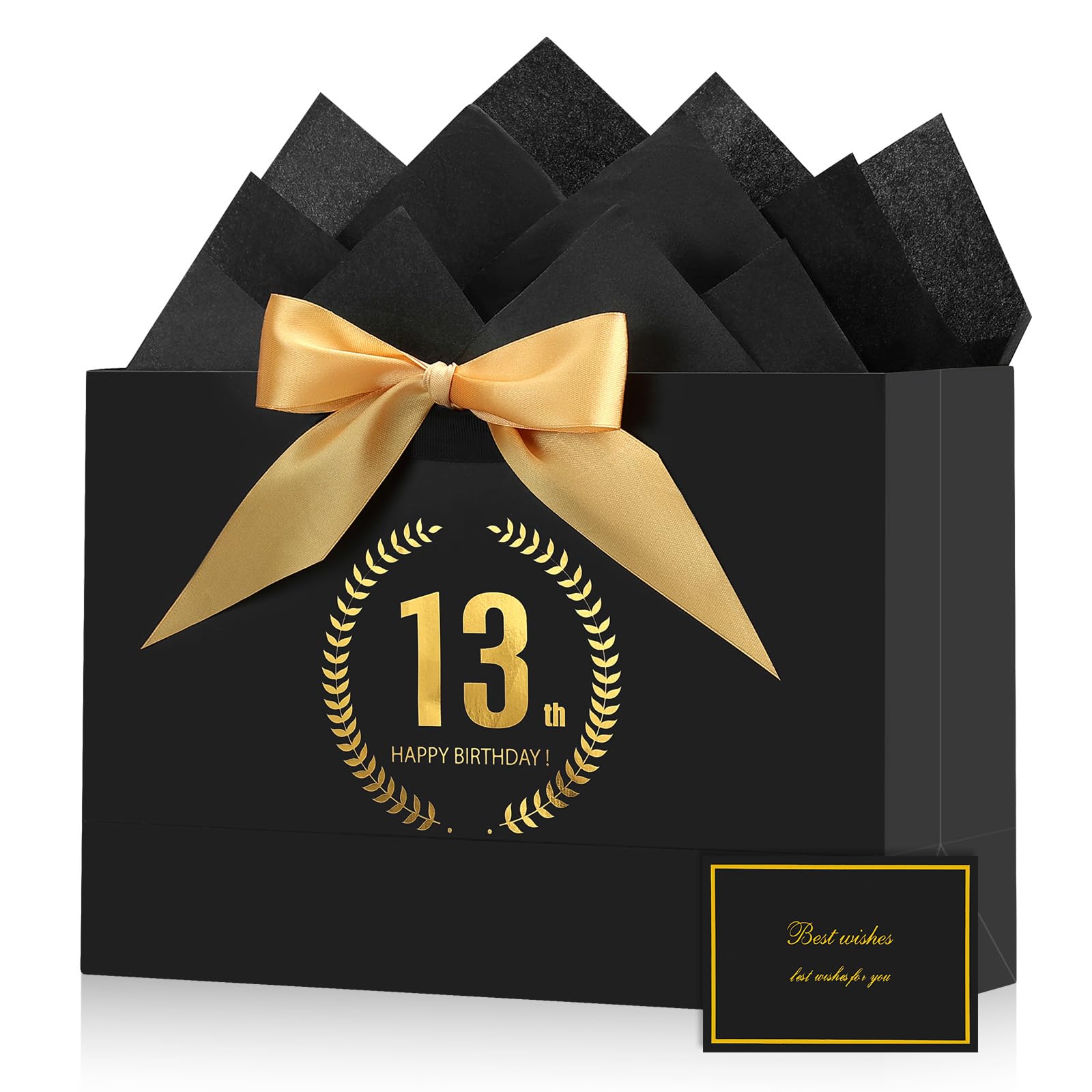 BBLIKE 13th Birthday Gift Bag - Fabulous Black Gold Happy 13 Large Birthday Present Bag for Women Men, With 2 Wrapping Papers 1 Card, Elegant Anniversary Decorations Party Supplies Shopping Paper Bags