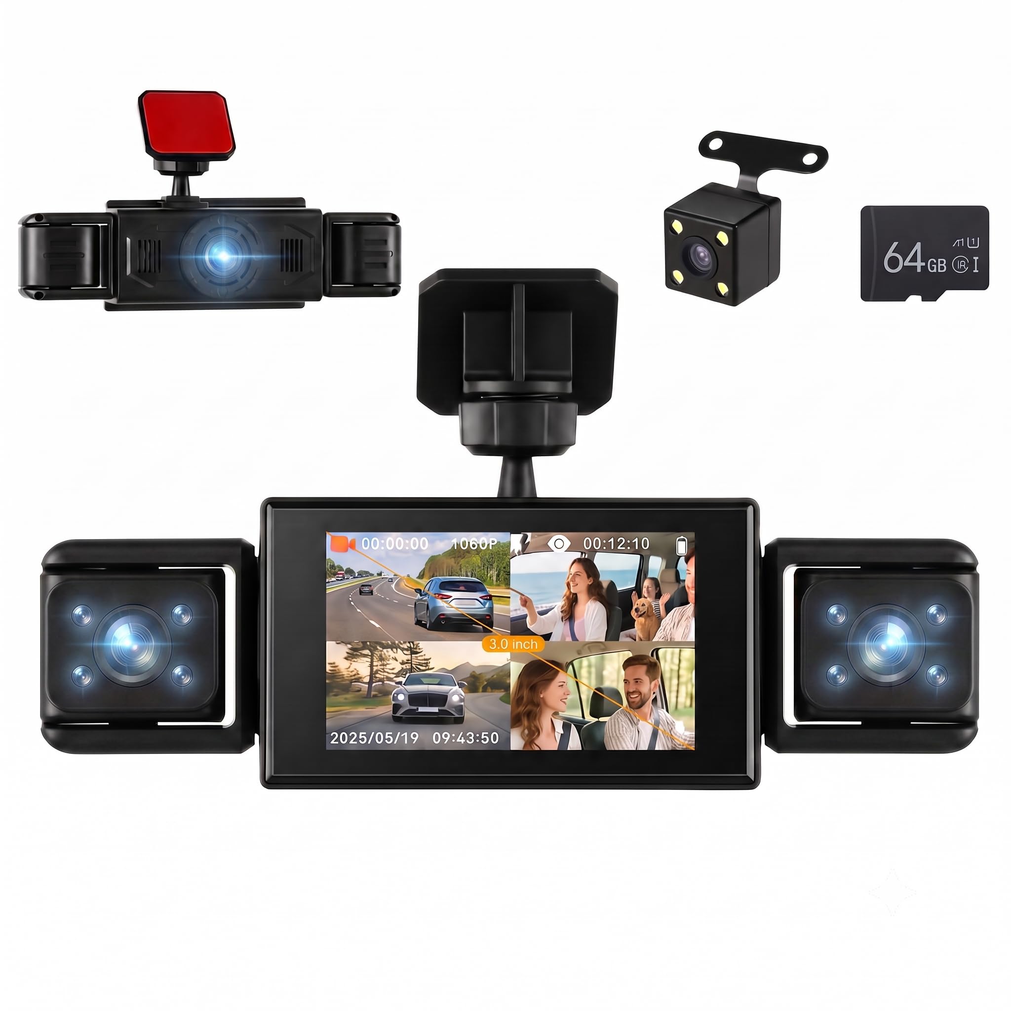 360° FHD Dash Cam 4 Channel Front and Rear Left Right for Car, 1080P+480P*3, 3 Inch HD Dash Camera with Night Vision, Loop Recording, Free 64GB TF Card-image-32