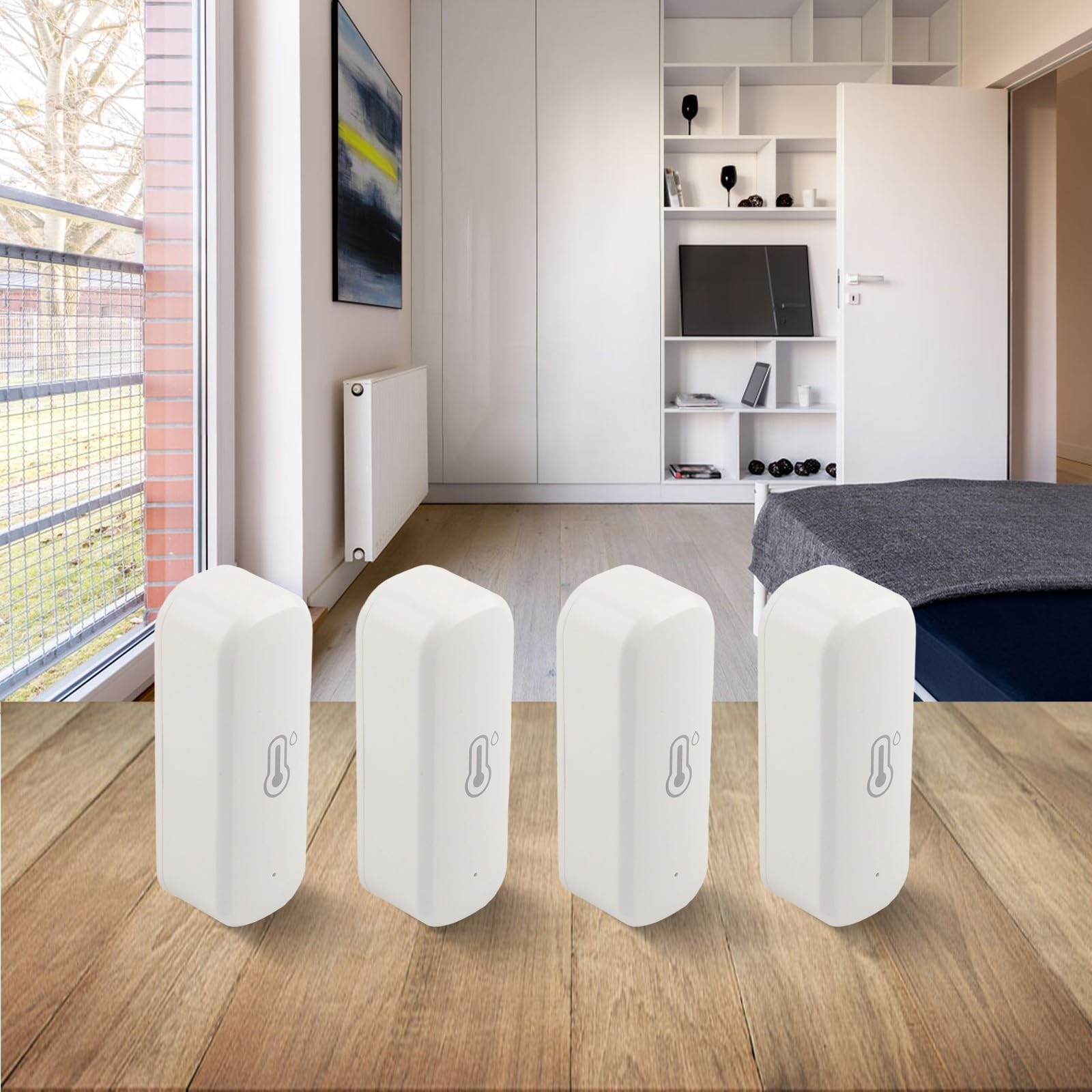 Lot de 4 capteurs de température et d'humidité d'intérieur sans fil Zigbee avec alertes à distance et fonctions d'assistant vocal