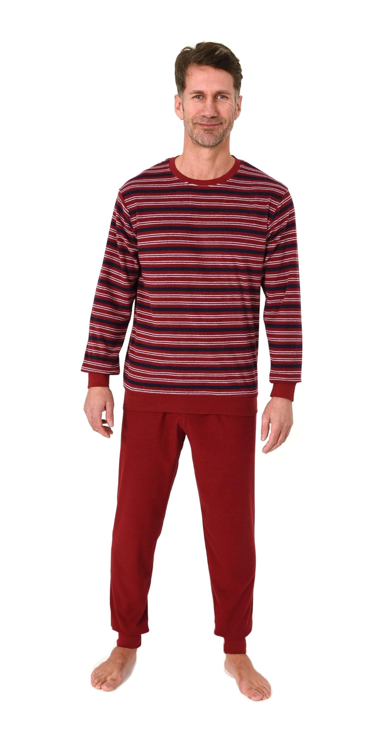Normann Men's Terry Cloth Pyjamas Long with Cuffs – Also Available in Plus Sizes – Striped Look, red, 40