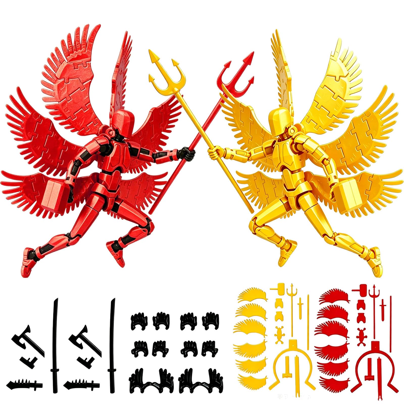 2Pcs Dummy 13 Action Figure, Six-Winged Robot with 8 Weapons, Articulated Joints for Dynamic Poses, Desktop Decor for Collectors, DIY Assembly Kit with Display Stand in Black Red and Gold Colors-image-36