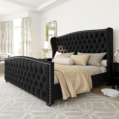 AMERLIFE King Size Platform Bed Frame, Velvet Upholstered Bed with Deep Button Tufted & Nailhead Trim Wingback Headboard/No Box Spring Needed/Black