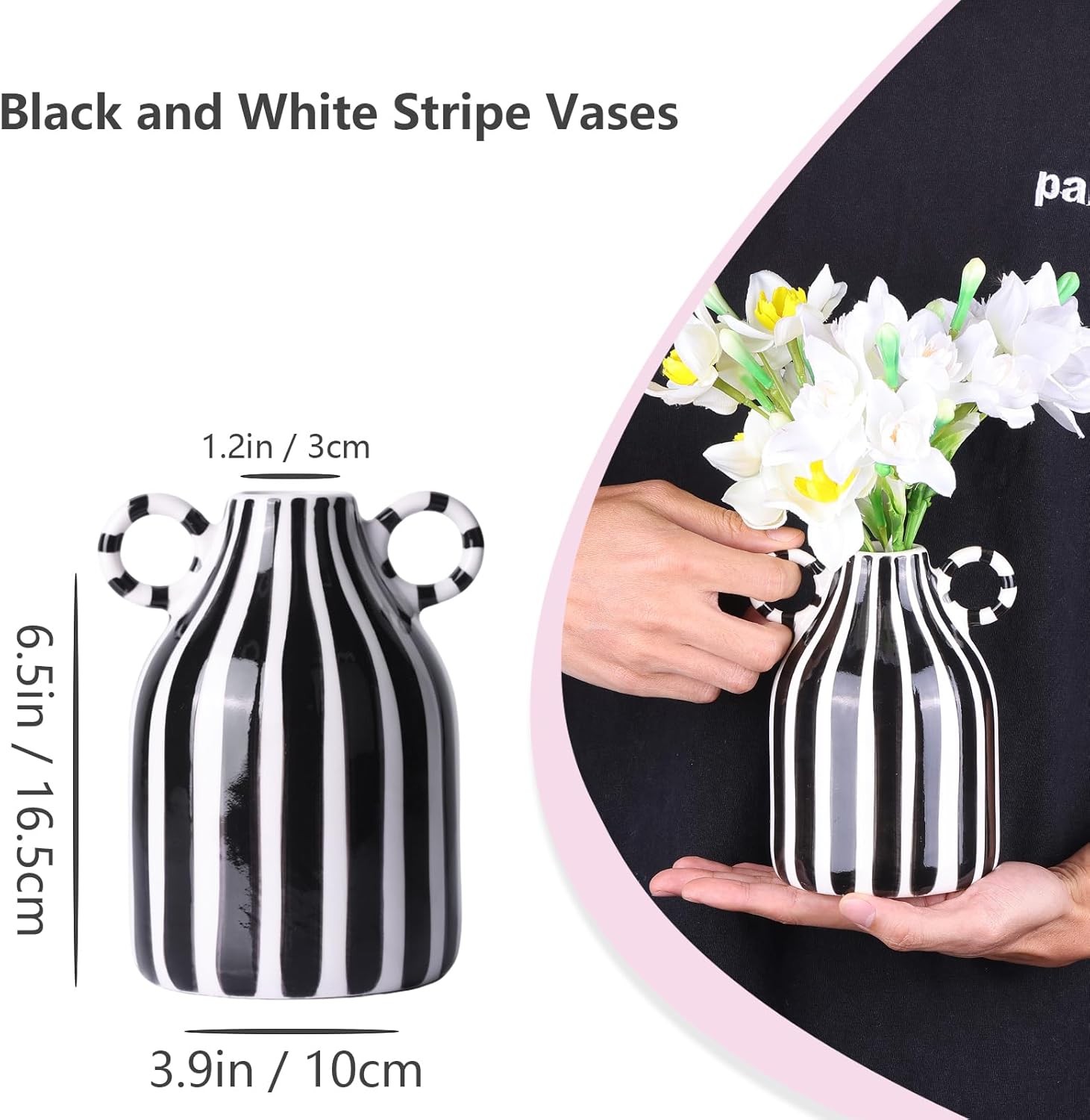 Black and White Stripe Vases for Home Décor,Mid Century Modern Small Black White Checkered Vases with Handle for Flower&Pampas Grass Table Centerpiece,Bedroom,Living Room,Bathroom - Image 3