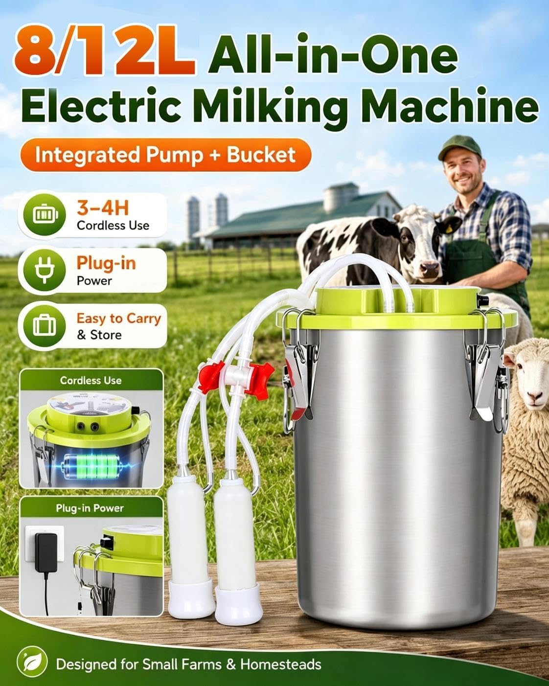 Mungitrice elettrica portatile mucche, pulsazione regolabile, 8-16L