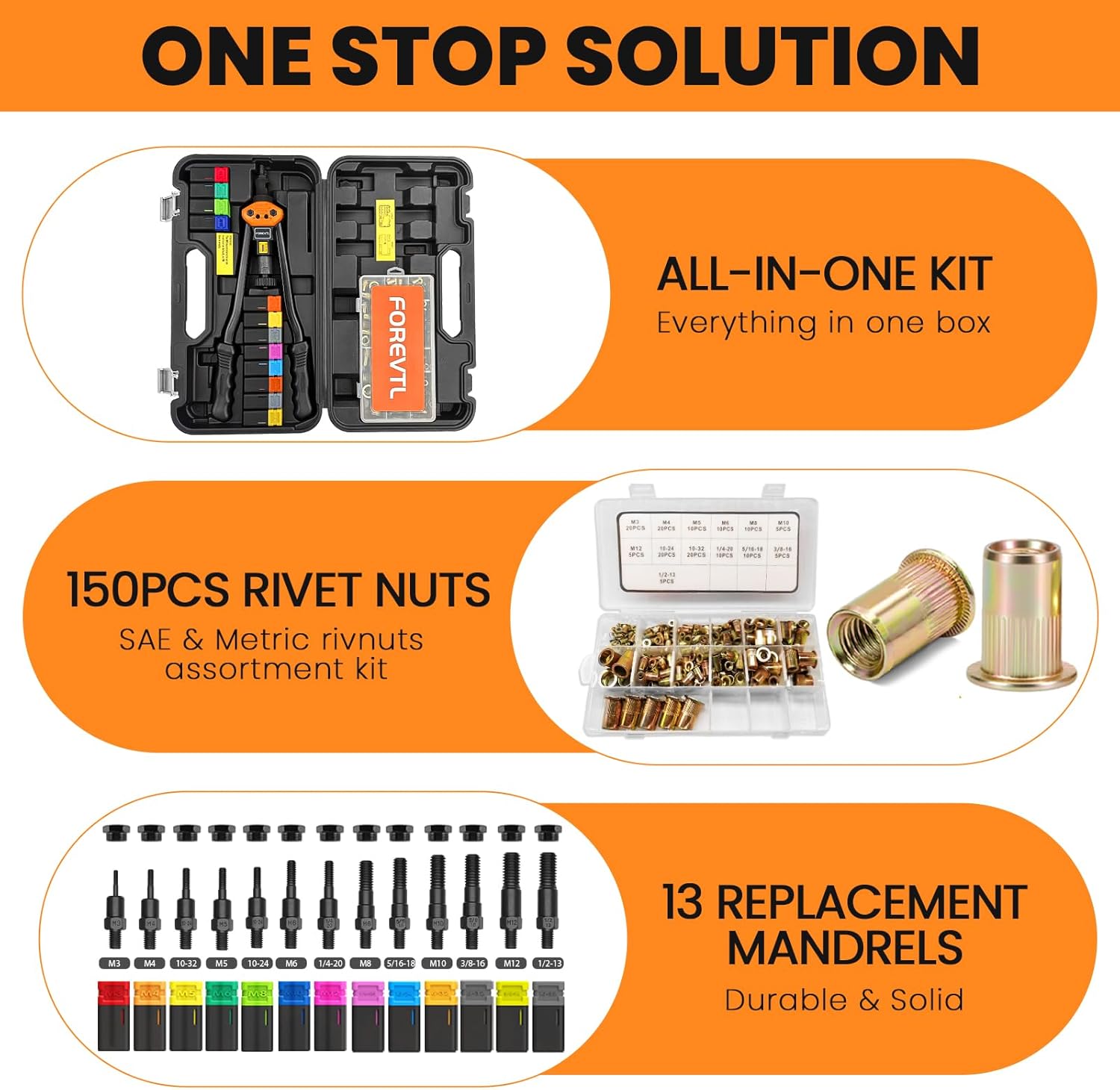Rivet Nut Tool Kit, 16-Inch Rivnut Tool Kit with 13 Metric and SAE Mandrels, Manual Nutsert Tool with 150Pcs Rivnuts Assortment Kit for DIY, Auto & Metal Repairs