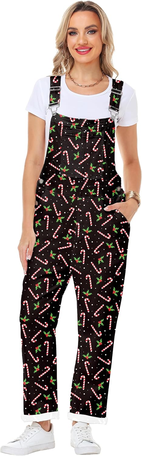 Womens Christmas Bibs Overalls Xmas Denim Coveralls Stretch Jeans Jumpsuit - Image 6