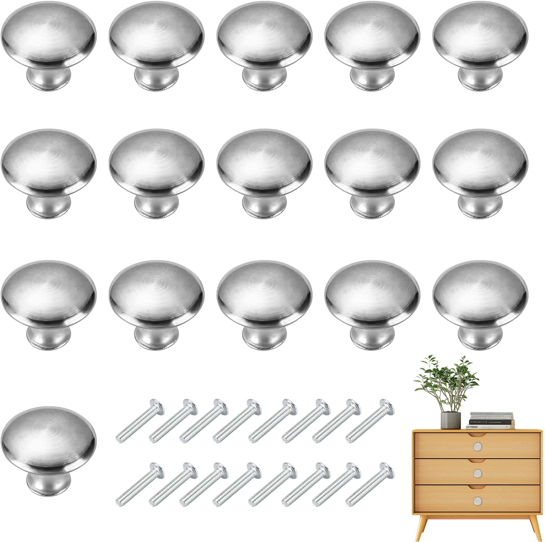 16 Pcs Round Drawer Knobs, Silvery Polished Stainless Steel and Zinc Alloy 30mm Mushroom Shape Pull Handle with Screws for Cabinet Kitchen Bathroom Cupboard Wardrobe Door Drawers and Furniture