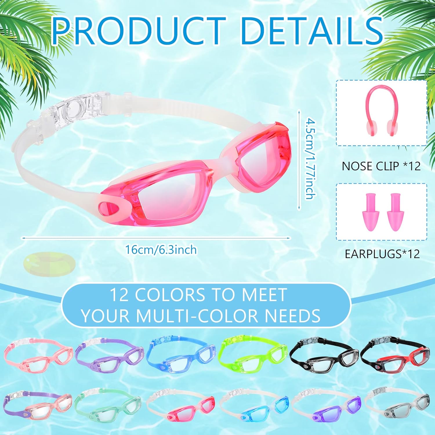 Xuhal 12 Pack Swim Goggles for Adult Anti Fog Swimming Glasses Leak Proof Swim with 12 Waterproof Nose Clips