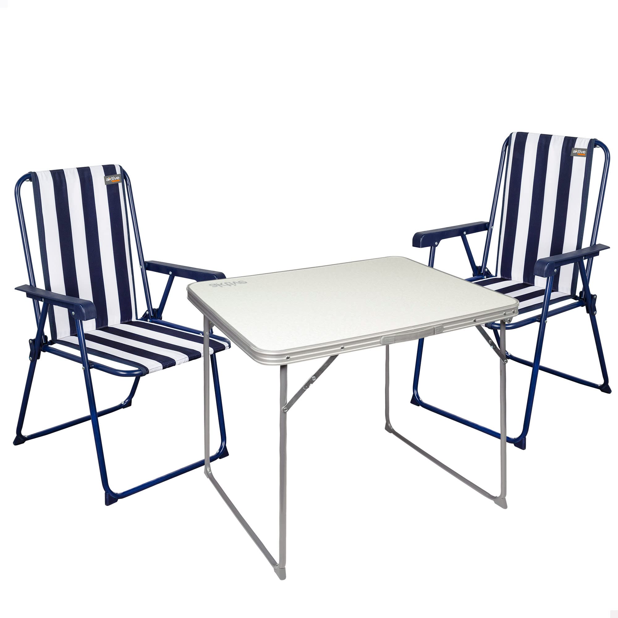 Conjunto sillas y mesa camping, Mesa plegable portátil camping, Silla de camping resistente, mesa blanca 80x60x70 cm, 2 sillas 54x53x40 cm, color azul y blanco, Aktive Camping