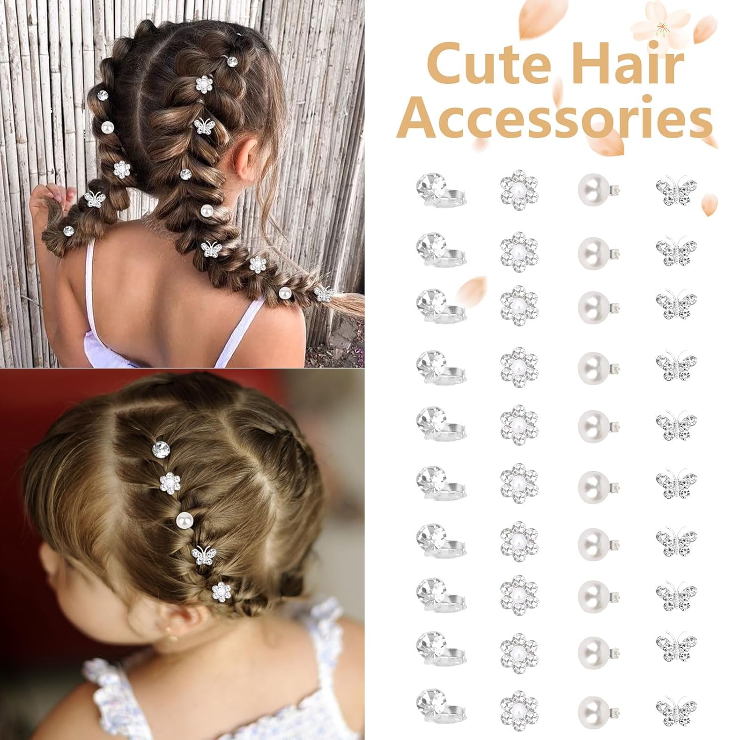 YISSION 40 Pcs Mini Flower Hair Clips - Cute Rhinestone & Pearl Hair Pins - Decorative Butterfly Hair Clips - White - Wedding & Bridal Hair Accessories for Girls & Women - Image 3