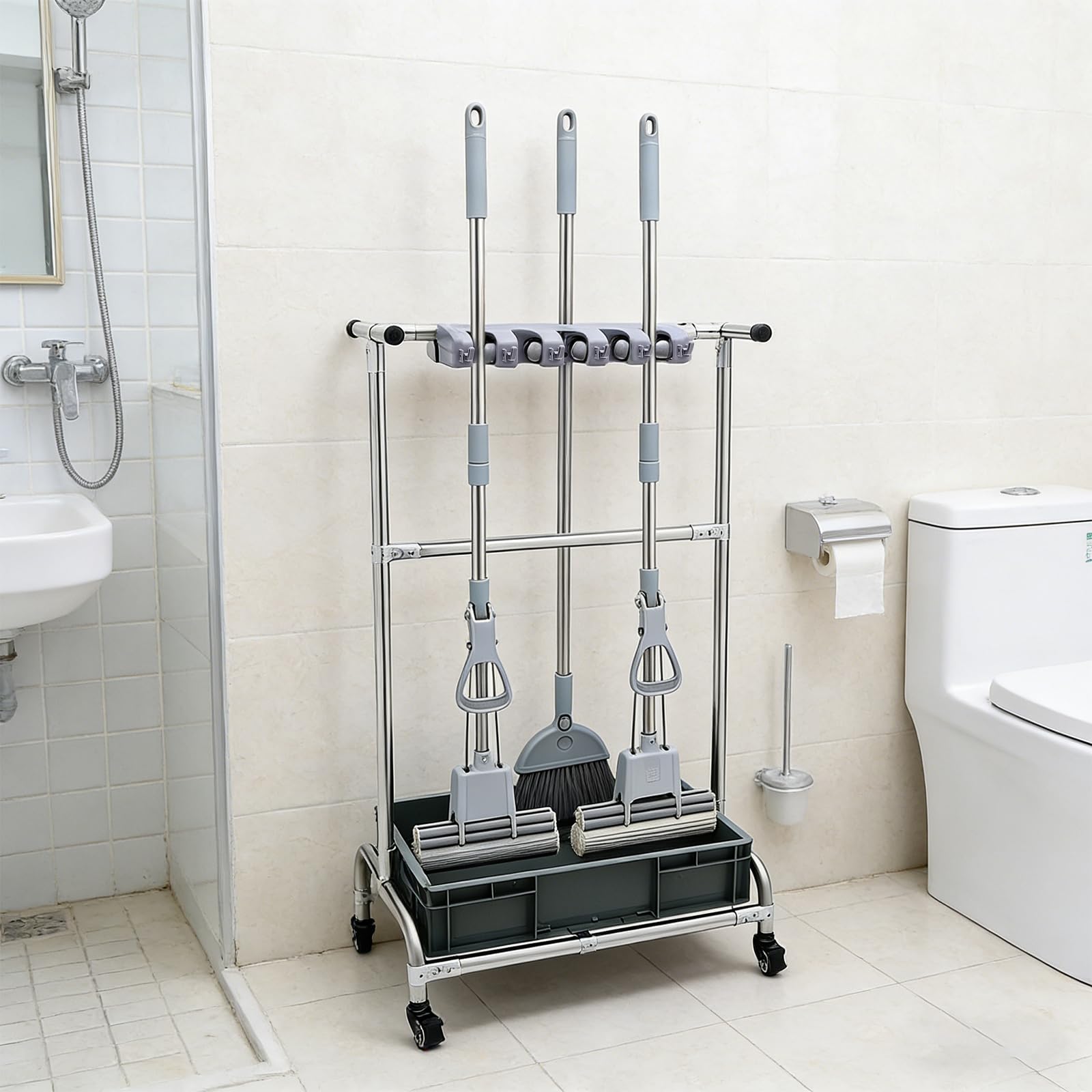 Carrito de limpieza móvil con soporte para escoba, soporte para aspiradora, ruedas universales para el hogar, lavandería, garaje, en plata de acero inoxidable