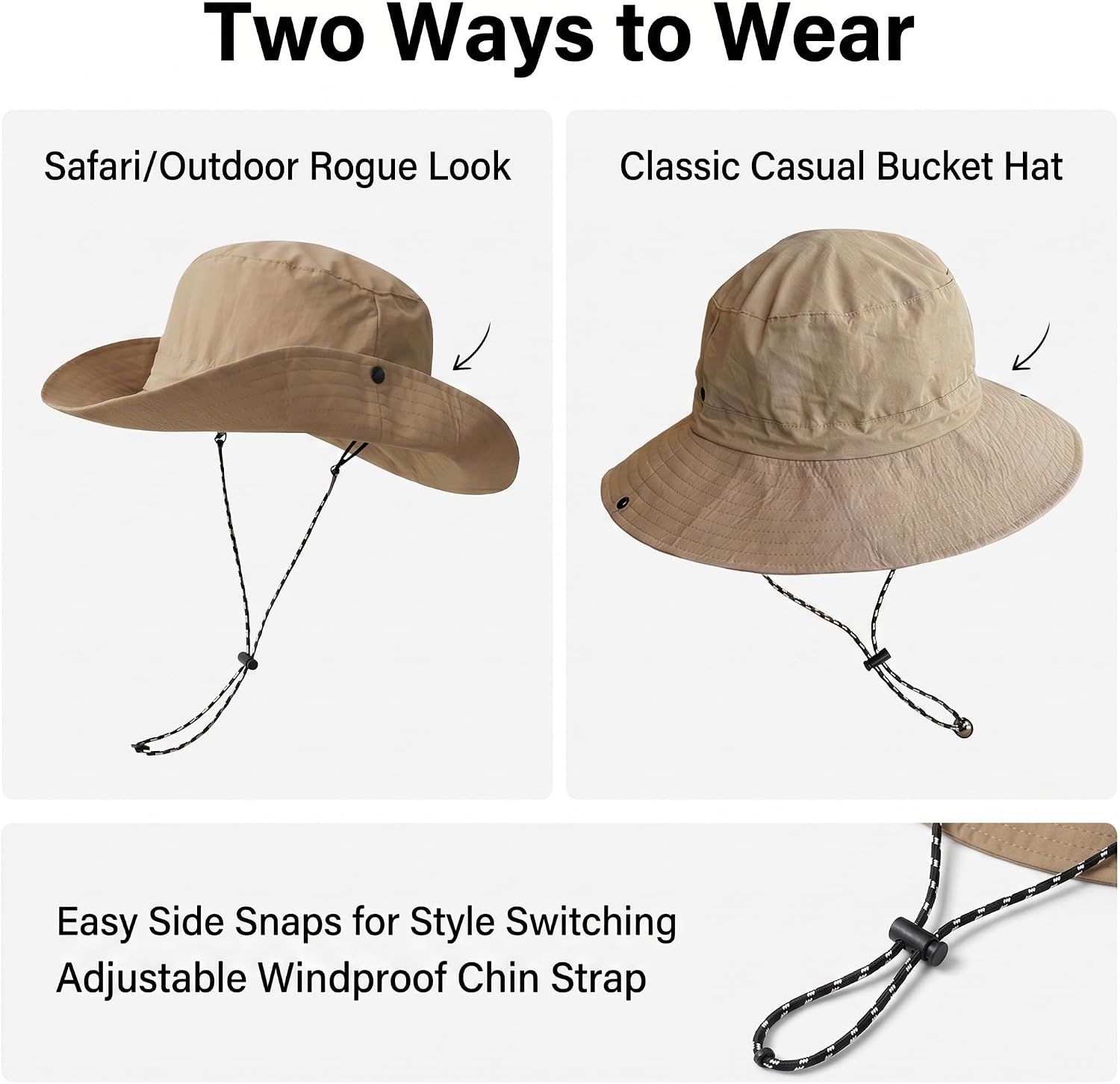 Cooling Sun Hat, Wide Brim Bucket Hat, Foldable & Packable, Windproof Strap, for Hiking, Camping, Fishing, Travel image 2