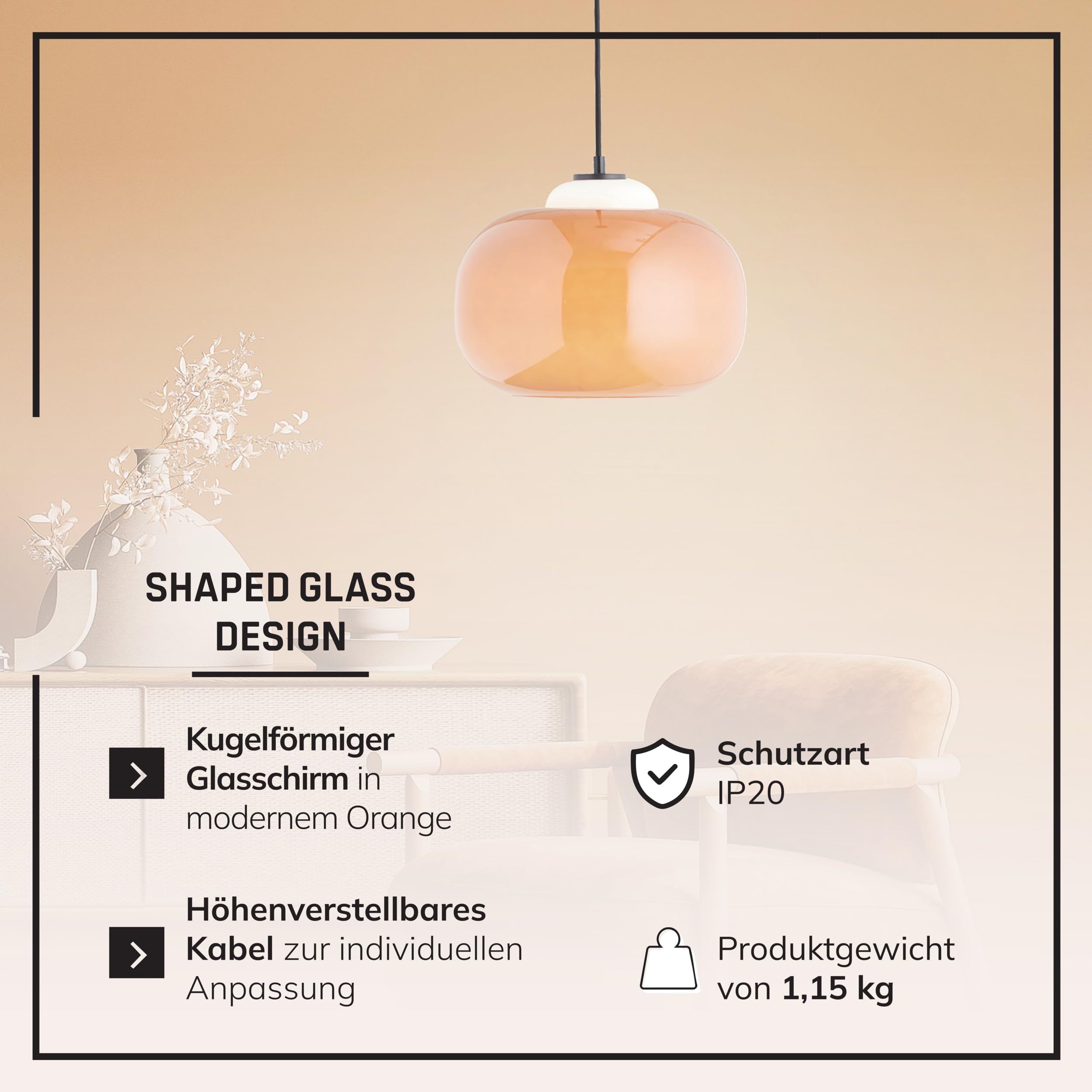 Lightbox Hängelampe Glas orange - mundgeblasene Pendelleuchte höhenverstellbar Ø 30 cm - Retro Esstisch Lampe mit Textilkabel - E27 (max .60 W), exkl. LED