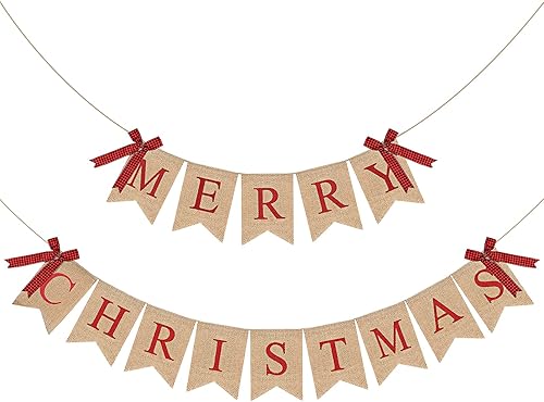 Miniatura 8 de Tatuo Merry Christmas Banner Xmas Burlap Bunting Garland Christmas Decorations for Fireplace Chimney Wall Tree Party Indoor Outdoor Party Office