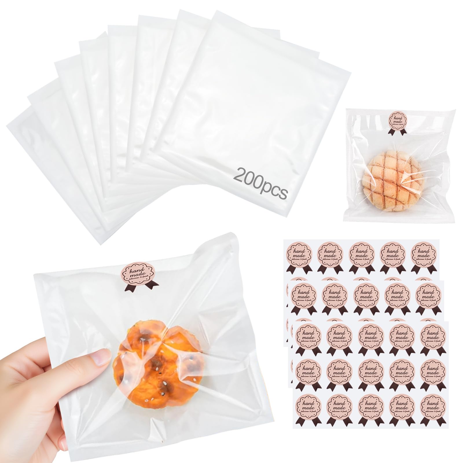 WRENYZK 200 Pcs White Film Front Bags with 210 Pcs Stickers, Cellophane Clear Window Sandwich Bag, Reusable Pastry Paper Bags for Cookies, Party Sweets, Cakes