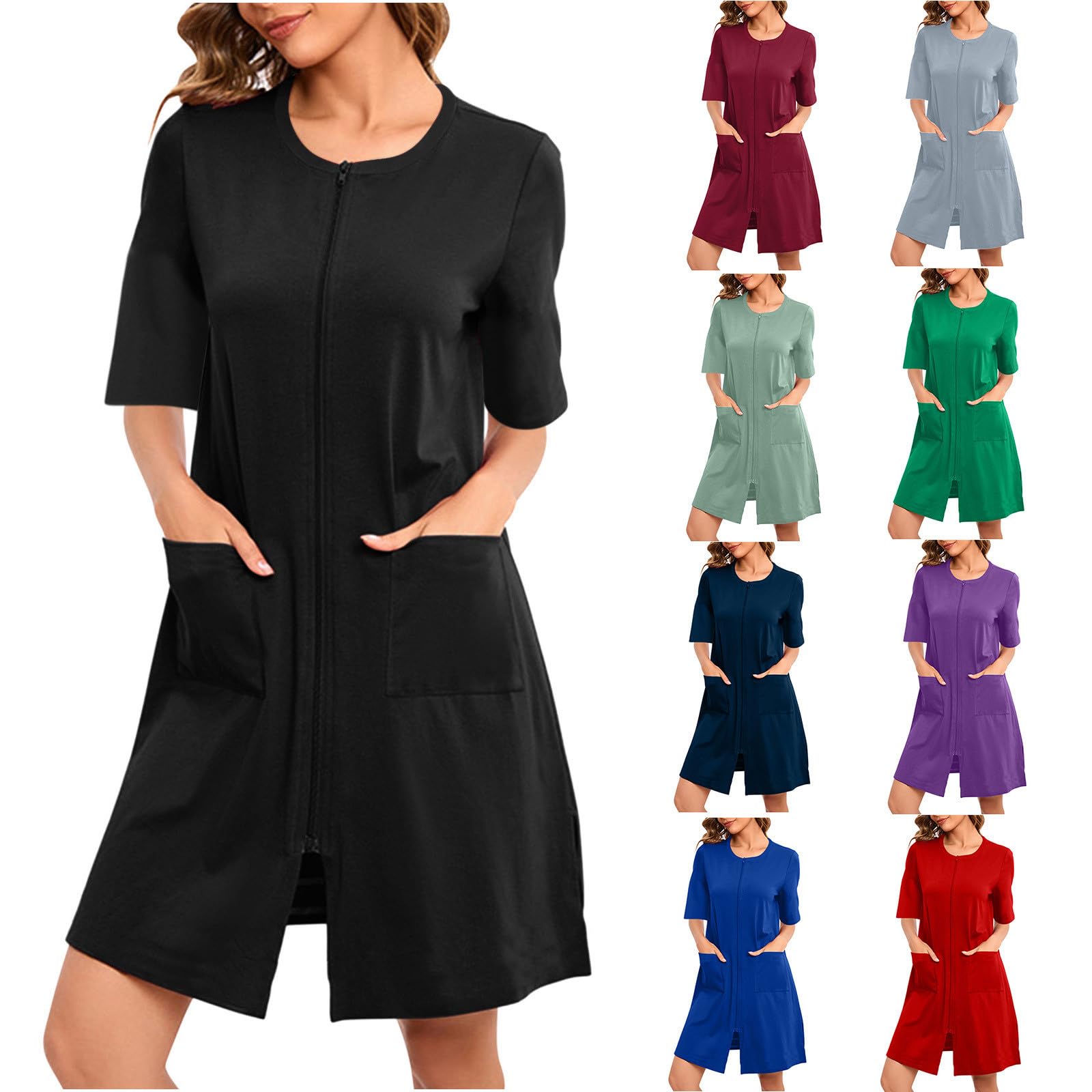 Women Knee Length Short Nightgown Zipper Front House Coat Half Sleeves Robe Zip Up Bathrobes Lightweight Sleepwear