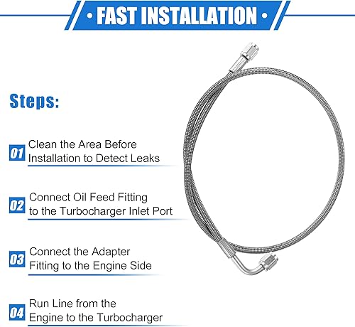 Vista 112 de AN3 - Línea de alimentación de aceite turbo de acero trenzado de 90 grados a extremo de manguera recto, turbocompresor remoto de 24 pulgadas, línea