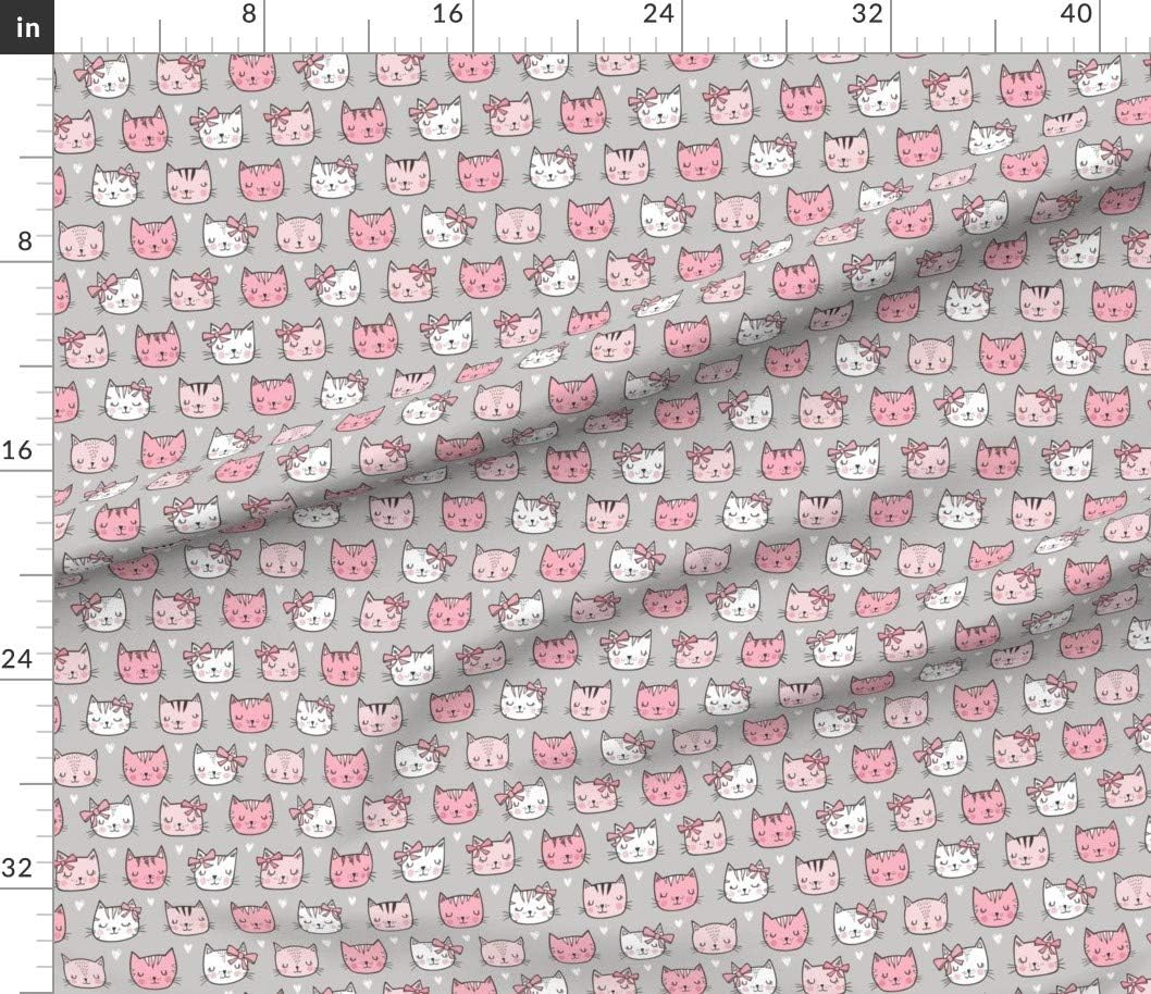 Spoonflower Fabric - Pink Cat Cats Faces Hearts Gray Summer Spring Valentines Day Girly Printed on Petal Signature Cotton Fabric by The Yard - Sewing Quilting Apparel Crafts Decor