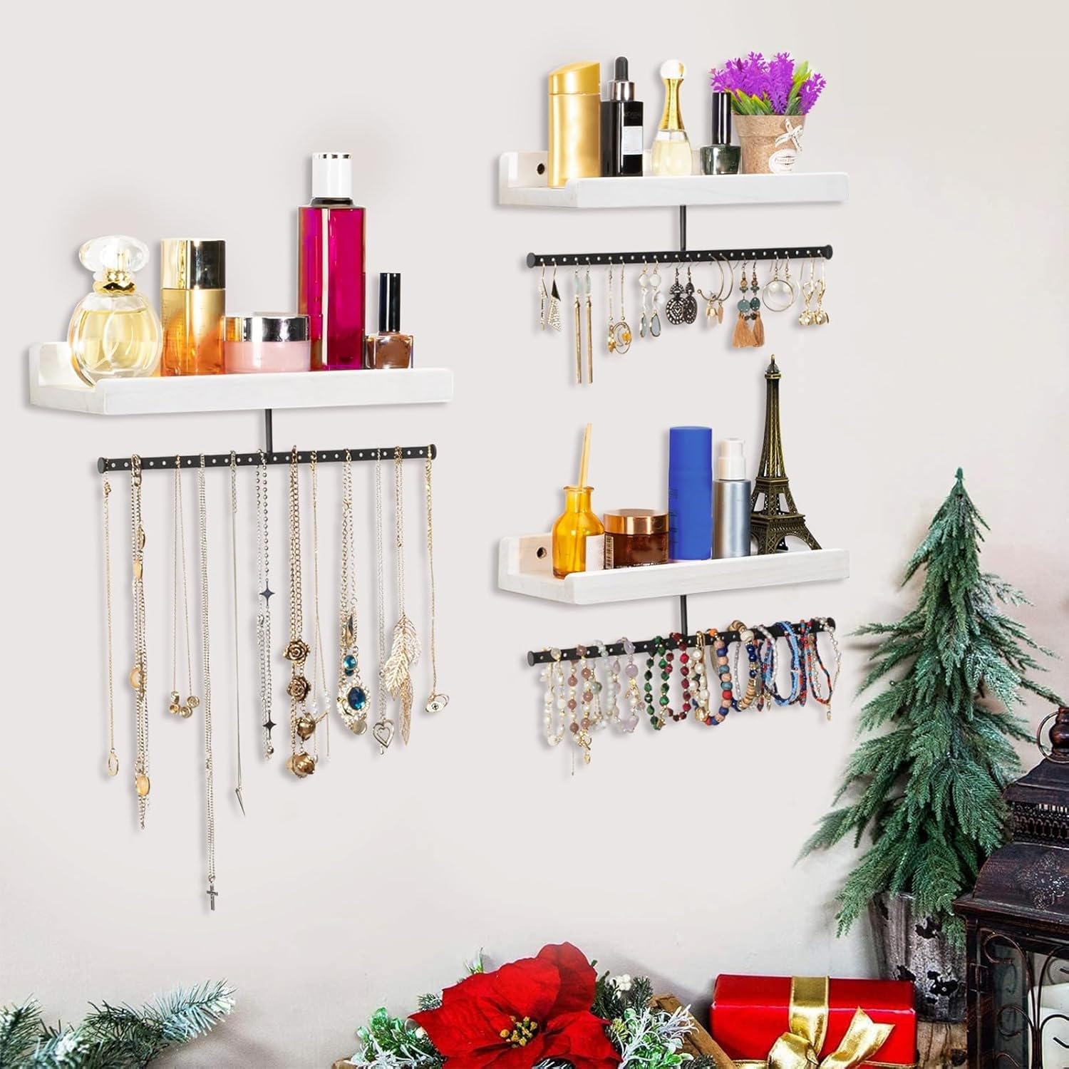 Porte Bijoux Murale, Rangement Bijoux et Etagere Murale Bois 2 en 1, Presentoir Bijoux Mural de Rangementen Maximal 20Kg, Arbre a Bijoux pour Collier, Anneau, des Boucles d'oreilles Montre