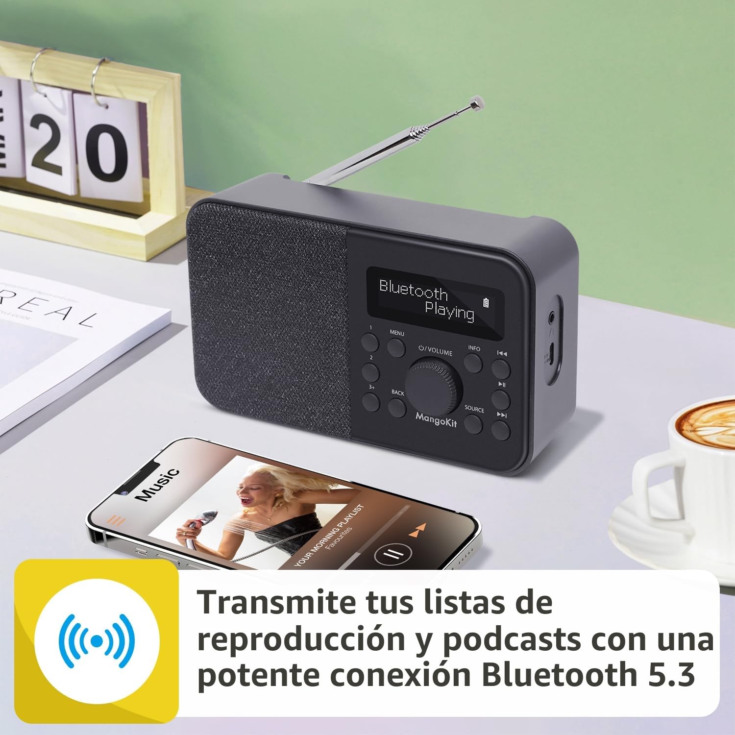PR2S Radio Digital Dab portátil y Radio FM, Altavoz Bluetooth, Dab Personal con Pantalla, Despertador, 40 emisoras presintonizadas, Auriculares, Pilas y Fuente de alimentación-Negro