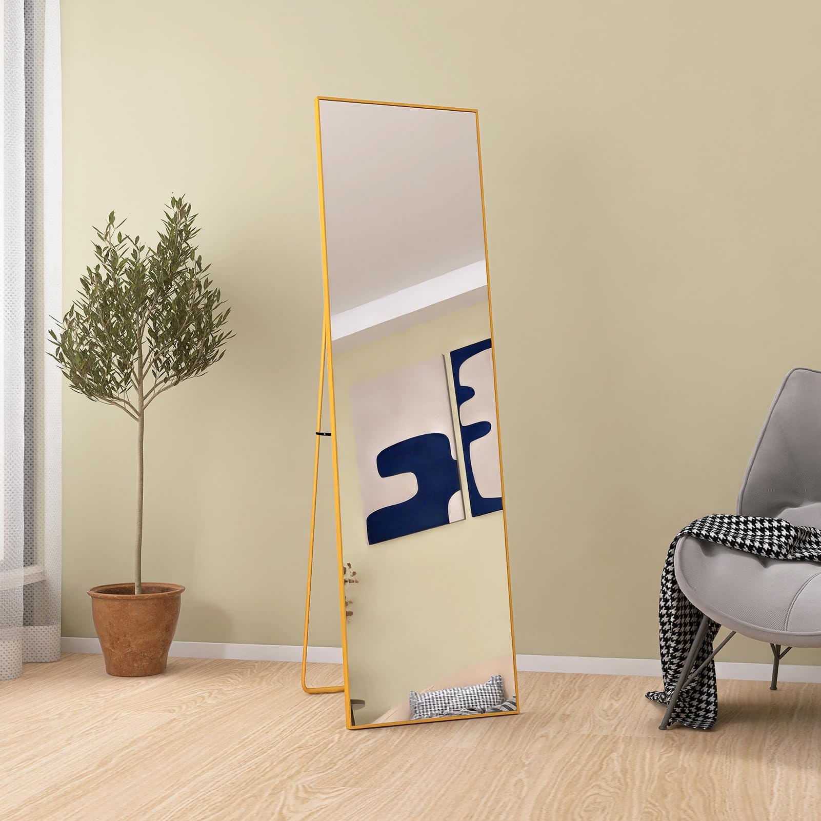KOCUUY Rechthoekige spiegel in volledige lengte, 38,1 x 147,3 cm, frame van aluminiumlegering, staande staande of schuine muur, vloerlengtespiegel met standaard, voor slaapkamer, woonkamer, kleedkamer
