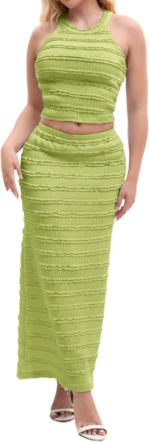 Women’s 2 Piece Summer Outfits Ribbed Knit Crop Top and Bodycon Maxi Skirt Set Sexy Casual Matching Set - Image 5