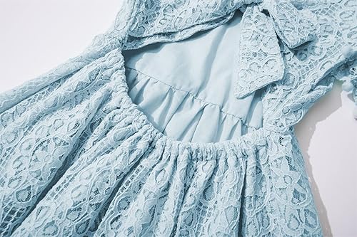 Miniatura 4 de Niyage Vestido sin espalda para niñas con espalda abierta, lazo de encaje, lazo en la espalda, pompón, mangas con volantes, vestidos de princesa