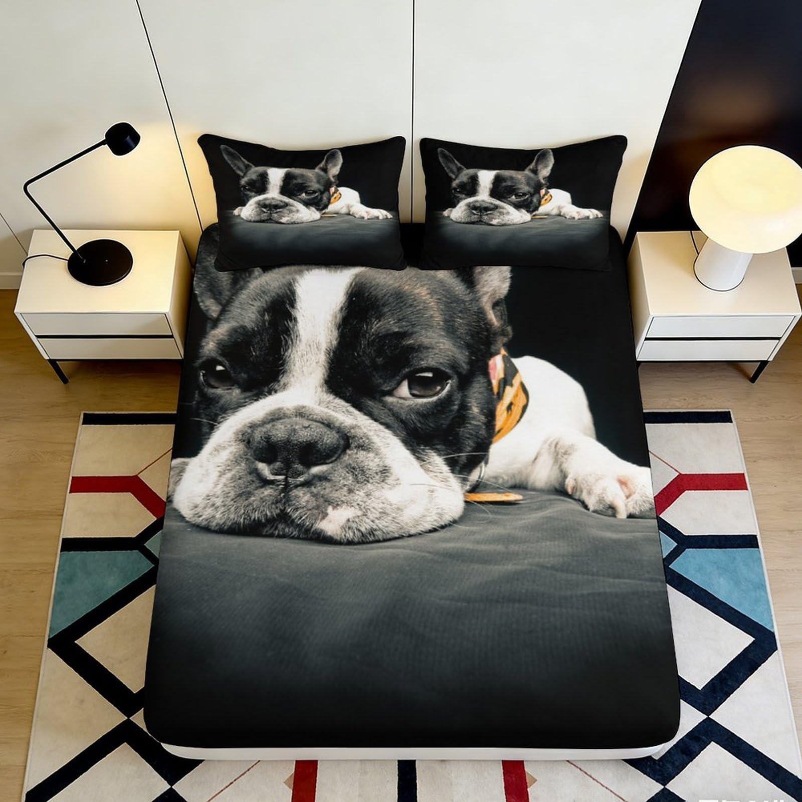 3D Printed French Bulldog Fitted Sheet Microfiber Black White Dog Bed Cover for Bedroom Guest Room Mattress Protection 120x200x25cm