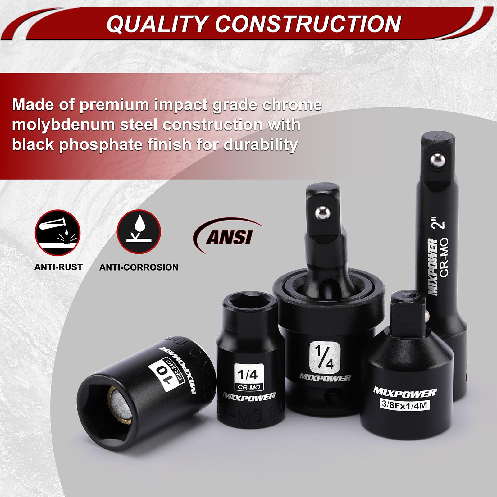 MIXPOWER Set di 30 bussole magnetiche poco profonde da 1/4", metriche/SAE, a 6 punti, CR-MO, con adattatore per bussola, giunto universale, prolunga e adattatore per punte da trapano