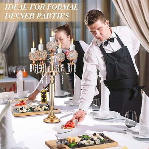 Miniatura 6 de Tessco 4 piezas de centros de mesa de cristal de 5 brazos para mesas, portavelas dorados de 29.5 pulgadas para centro de mesa, portavelas de cristal