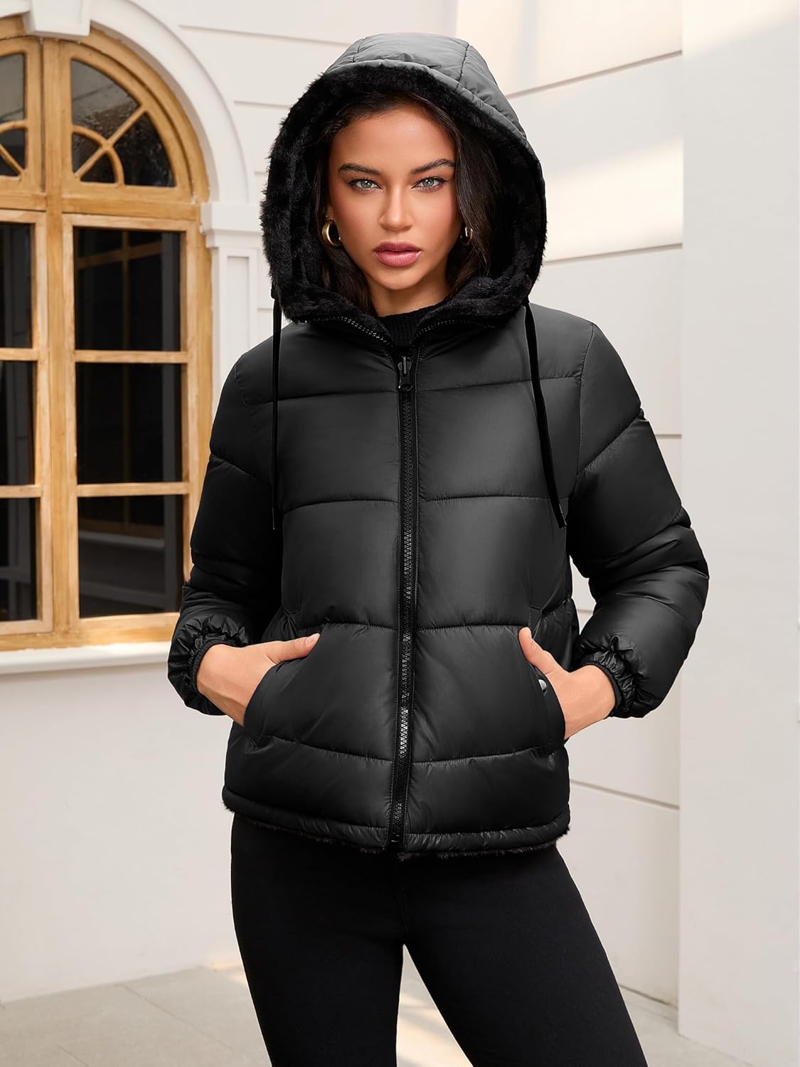 Women's Heavyweight Quilted Puffer Jacket Warm Sherpa Lined Reversible Winter Short Coat for Winter - Image 3