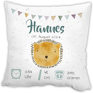 Personalisiertes Kissen zur Geburt | LÖWE | 40x40 cm mit Name, Datum, Gewicht und Uhrzeit, Geschenkidee für Baby erster Geburtstag, Taufe Kinderzimmerdeko Geburtsgeschenk für Mädchen oder Junge