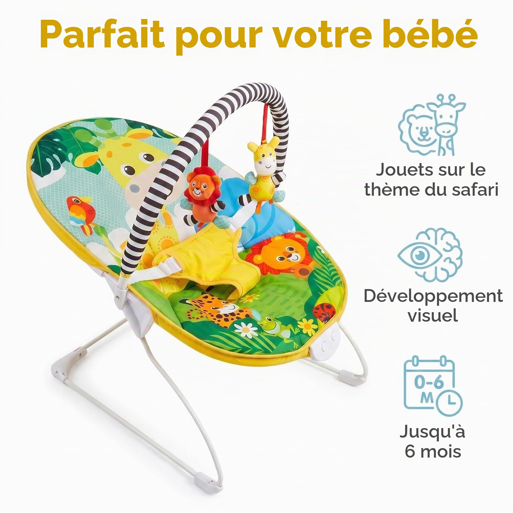 LADIDA Transat pour bébé, thème safari lumineux et coloré, musique apaisante et vibrations pour détendre et divertir