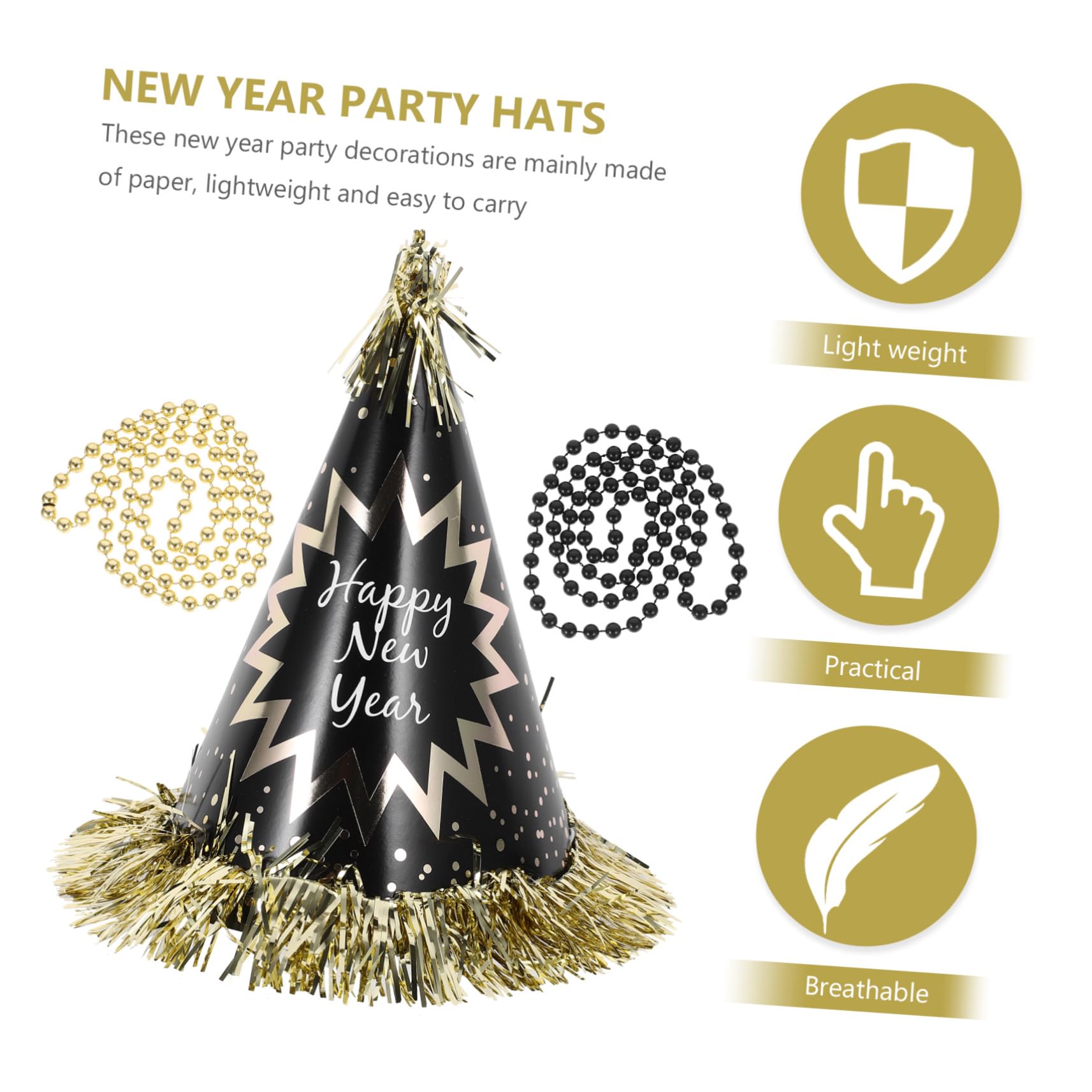 OFFSCH Neujahrs-partyset Schwarz-gold mit Sicheren Materialien Inklusive Papierhüte Stirnbänder Krachmacher und Halsketten Vielseitige Silvester Tischdeko für Jahreswechsel
