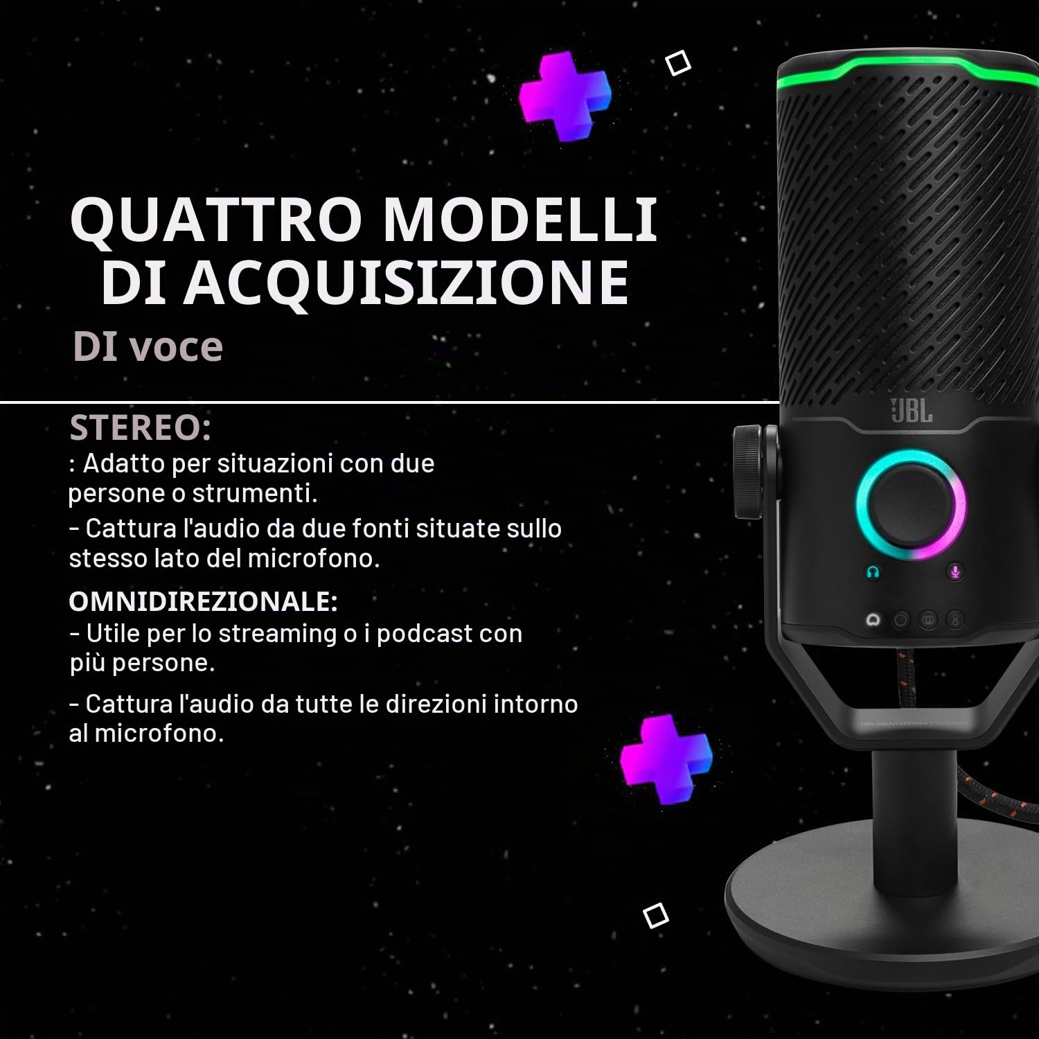 JBL Quantum Stream Studio, Microfono a Condensatore USB, Nero | Capsula Tripla per Streaming, Registrazione e Gaming, 4 Pattern Polari, VU Meter RGB, Compatibile con JBL QuantumEngine