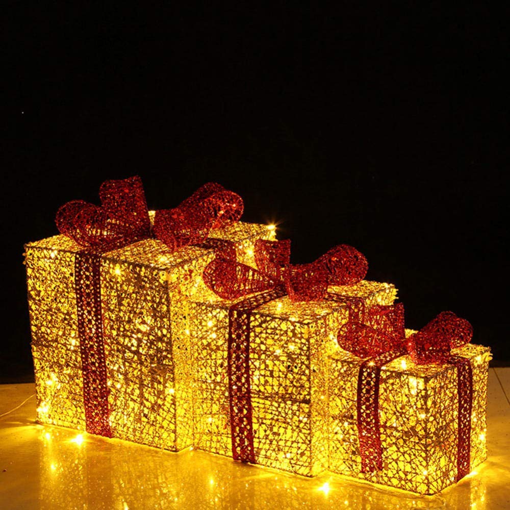 Cajas de regalo para Navidad, Juego de 3 cajas de regalo LED con iluminación decorativa navideña, hierro con lazo, juego de paquetes navideños cálidos(Gold)