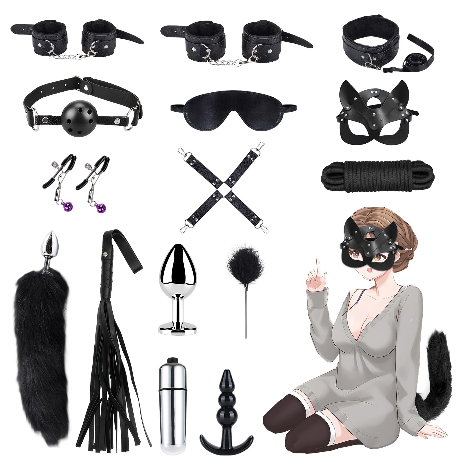 Qoosea SM Bondage Kit 15 Piezas, BDSM Restraints Kits Erótico Set Juguetes Sexuales Plug Anal con Cola de Zorro Butt Plug Set para Parejas, Bondage Set Esposas para Principiantes y Experimentados